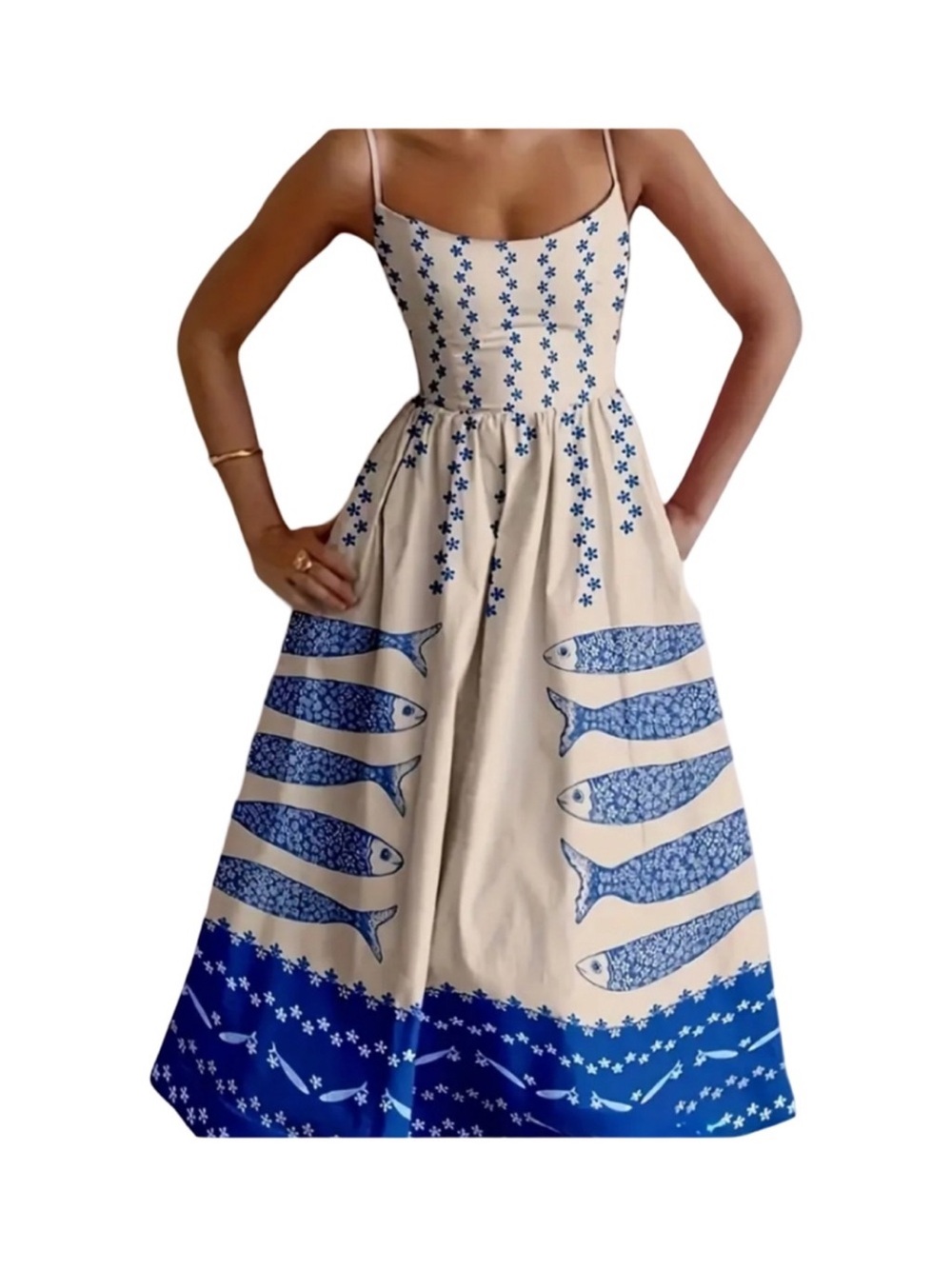 Rosa Clothing Mackerel Print Smocked Midi Sundress NWT Size M